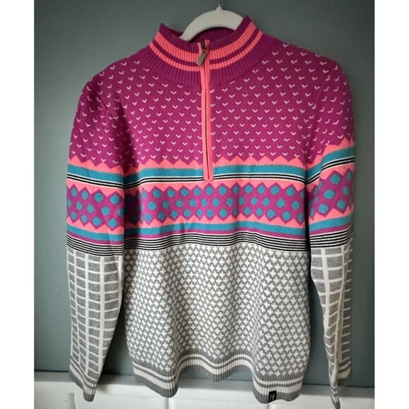 Neve 1/4 Zip Sweater Merino Wool Blend Womens Size L Polka Dot Print Pink - Picture 6 of 7